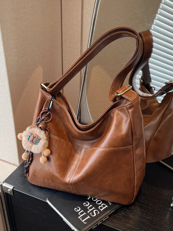 Women's Retro Brown Tote Bag with Crossbody Strap - Image 9