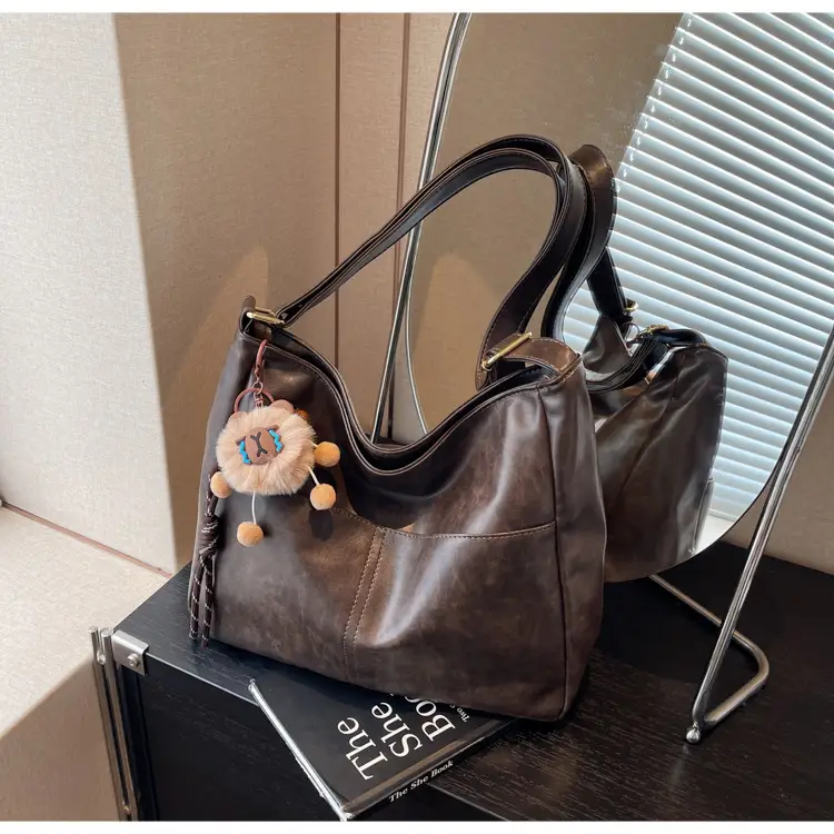Women's Retro Brown Tote Bag with Crossbody Strap — feature 21