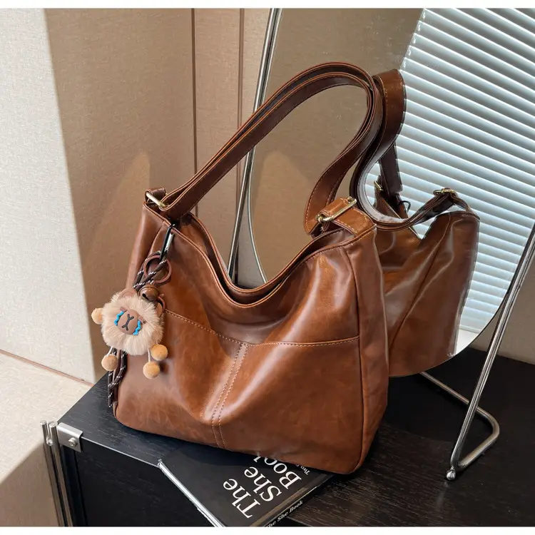 Women's Retro Brown Tote Bag with Crossbody Strap — feature 24