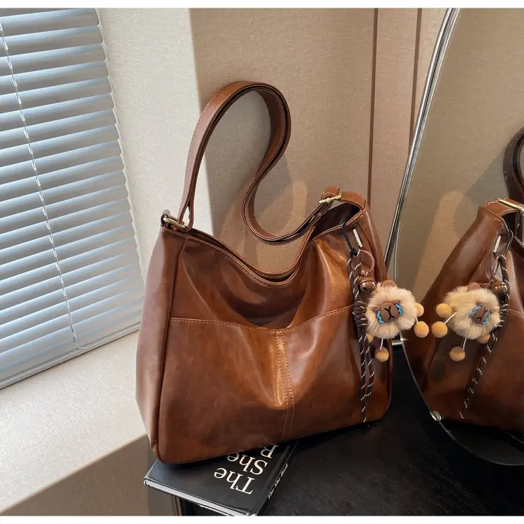 Women's Retro Brown Tote Bag with Crossbody Strap — feature 25