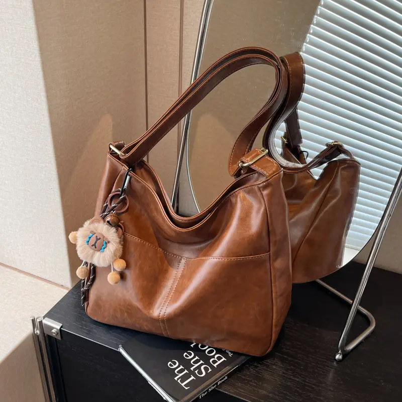 Women's Retro Brown Tote Bag with Crossbody Strap - Image 2