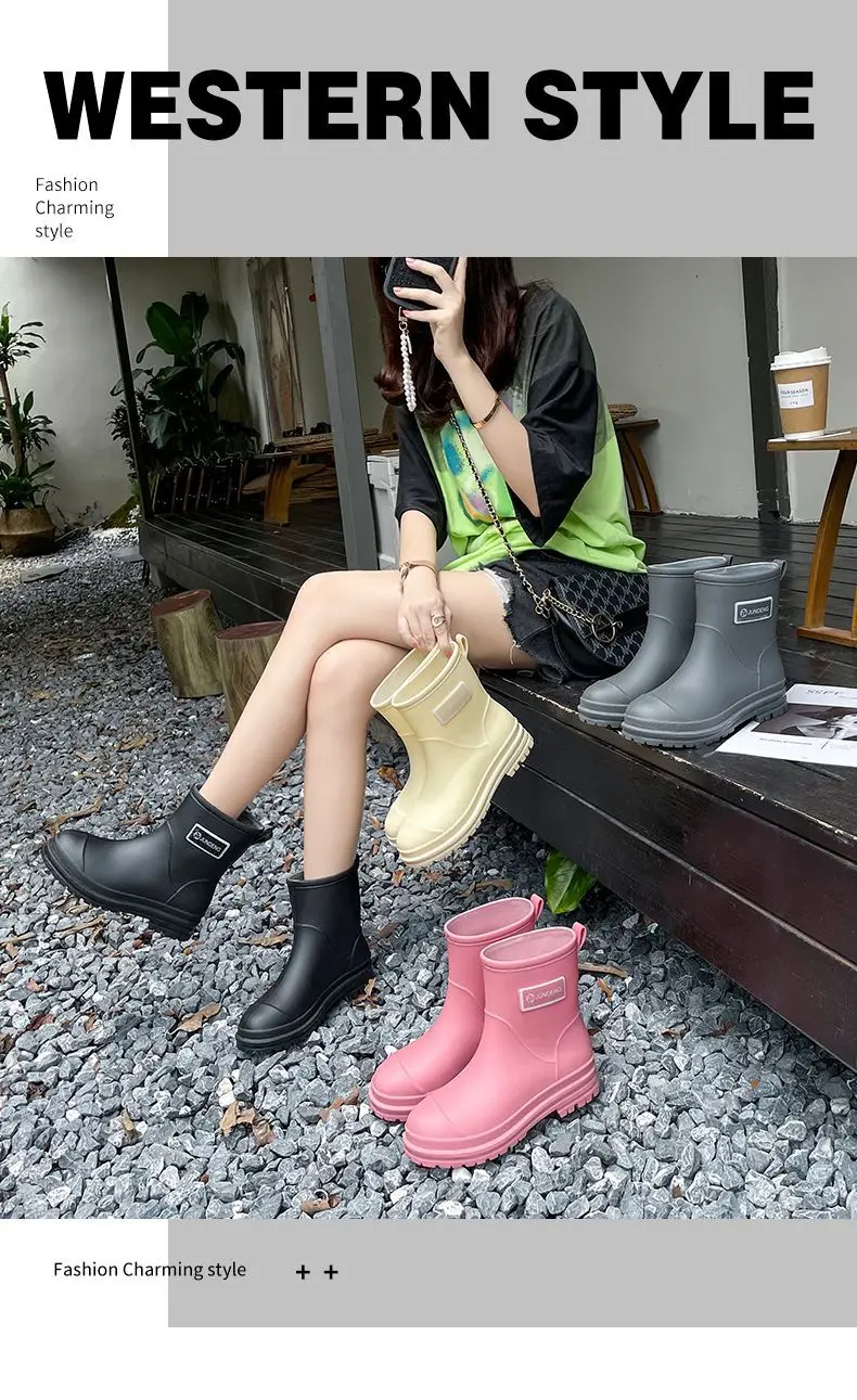 Rain Boots Women's Rubber Shoes Women's Adult Fashion Kitchen Work Non-Slip fleece-lined Rain Boots New Style Waterproof Shoes with Soft Sole — feature 1