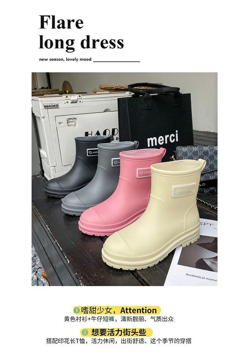 Rain Boots Women's Rubber Shoes Women's Adult Fashion Kitchen Work Non-Slip fleece-lined Rain Boots New Style Waterproof Shoes with Soft Sole — feature 2