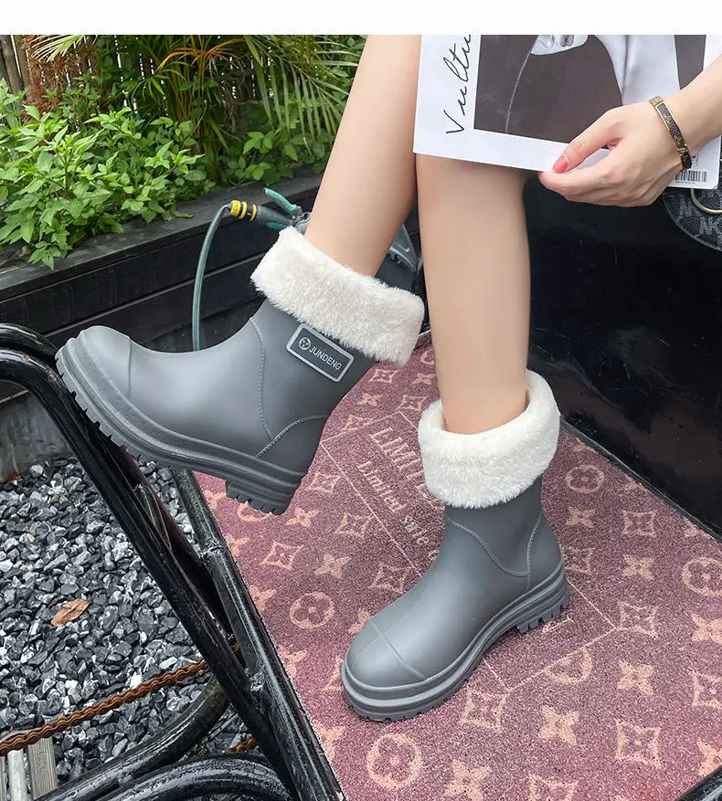Rain Boots Women's Rubber Shoes Women's Adult Fashion Kitchen Work Non-Slip fleece-lined Rain Boots New Style Waterproof Shoes with Soft Sole — feature 25