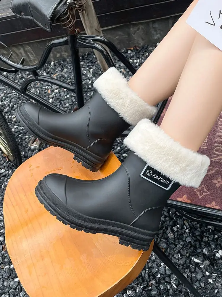 Rain Boots Women's Rubber Shoes Women's Adult Fashion Kitchen Work Non-Slip fleece-lined Rain Boots New Style Waterproof Shoes with Soft Sole — feature 27