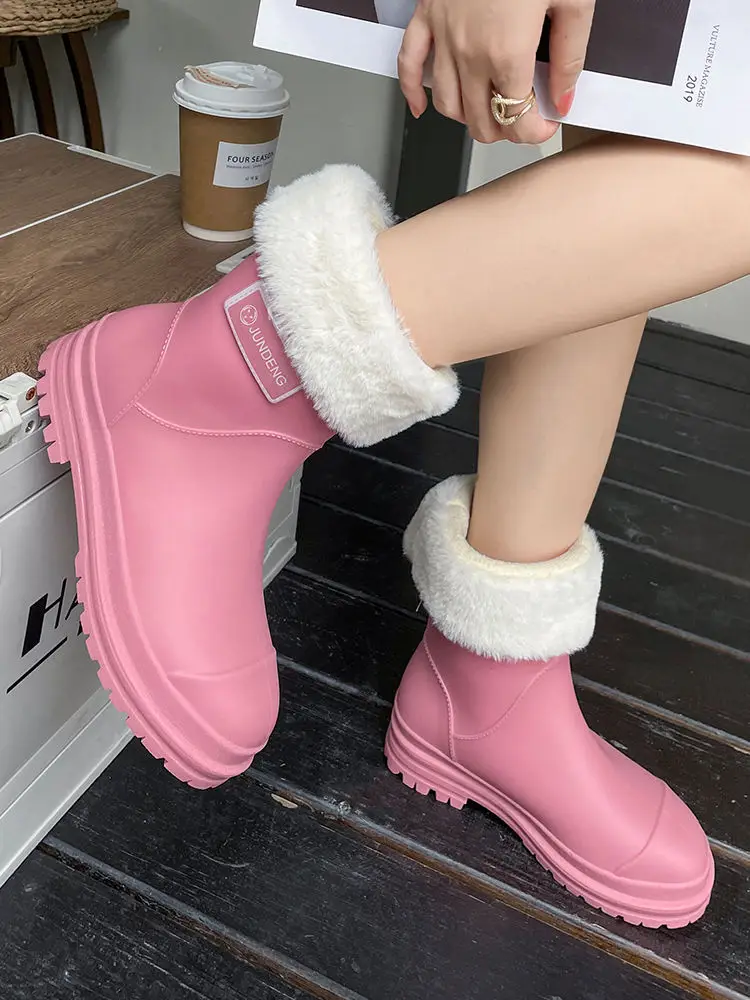 Rain Boots Women's Rubber Shoes Women's Adult Fashion Kitchen Work Non-Slip fleece-lined Rain Boots New Style Waterproof Shoes with Soft Sole — feature 31