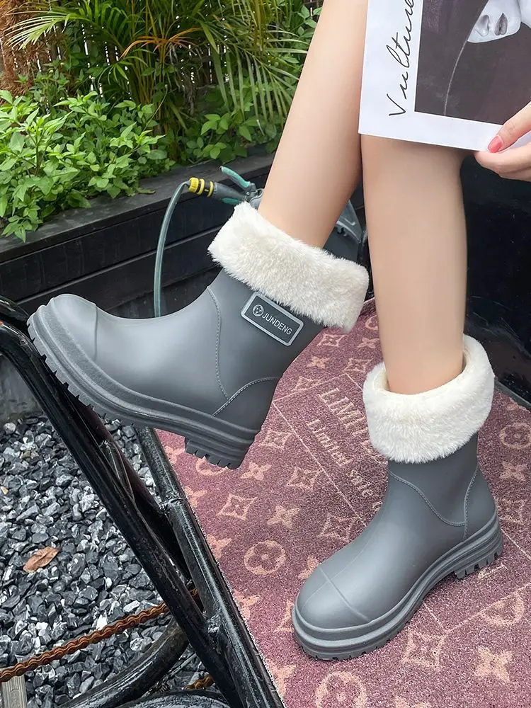 Rain Boots Women's Rubber Shoes Women's Adult Fashion Kitchen Work Non-Slip fleece-lined Rain Boots New Style Waterproof Shoes with Soft Sole — feature 35