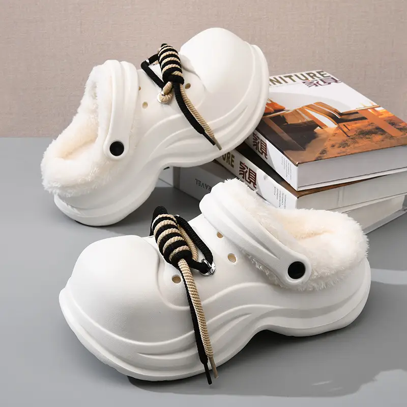 Women's Fleece Lined Cotton Slippers White Thick Strap