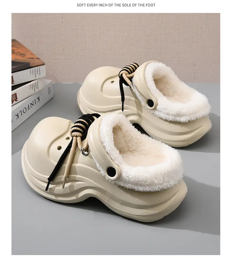 Women's Fleece Lined Cotton Slippers White Thick Strap — feature 11