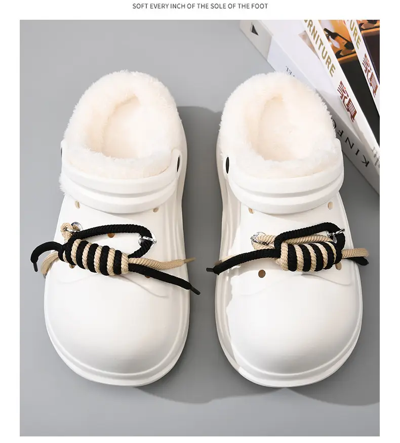 Women's Fleece Lined Cotton Slippers White Thick Strap — feature 13