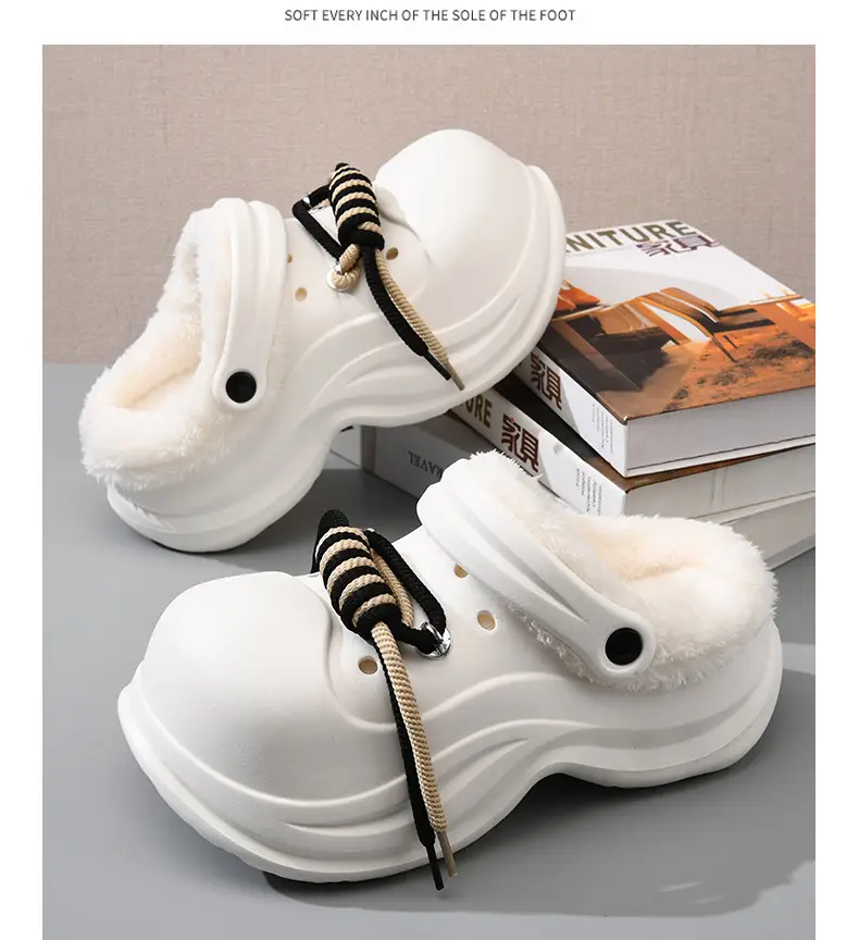 Women's Fleece Lined Cotton Slippers White Thick Strap — feature 14