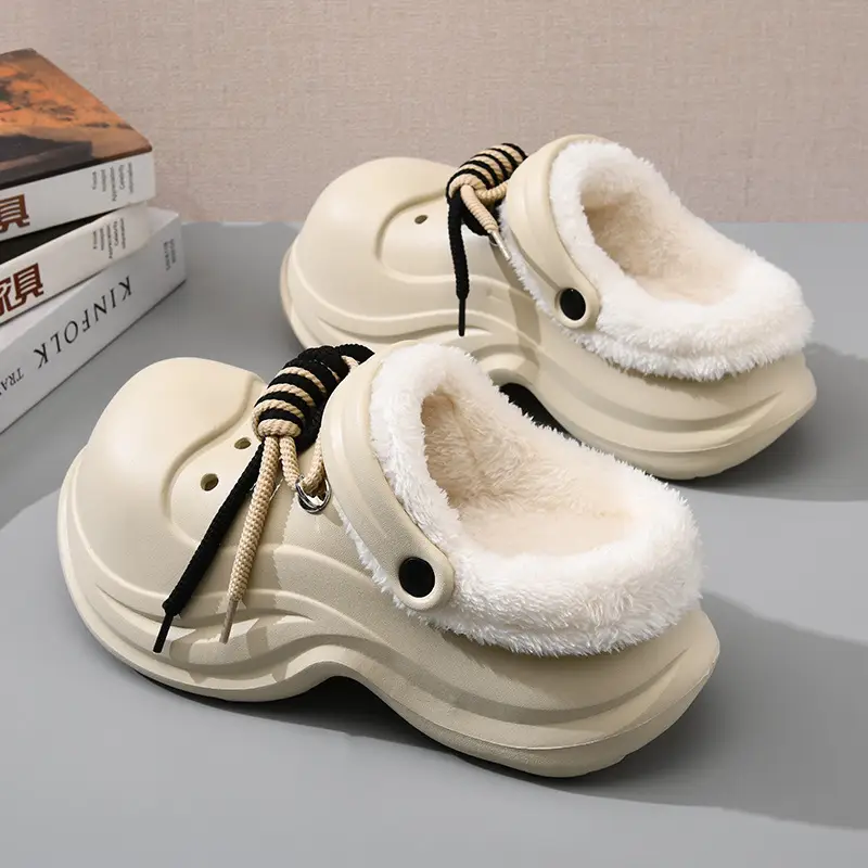 Women's Fleece Lined Cotton Slippers White Thick Strap