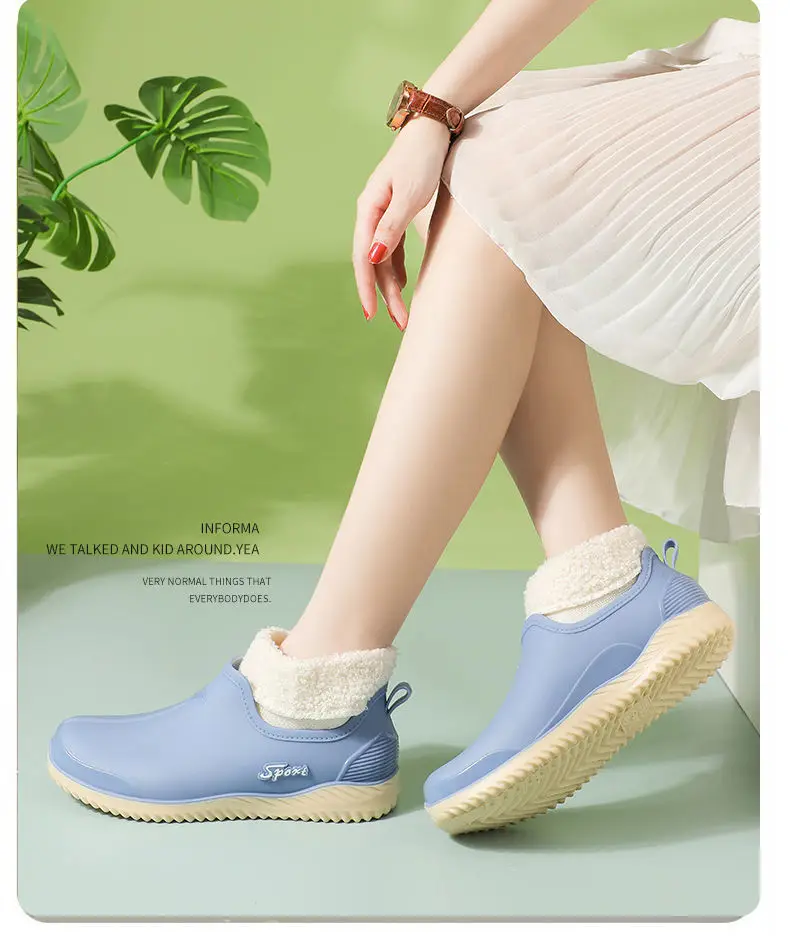 Rain boots women's fashion net red low side fleece-lined warm short tube wholesale non-slip waterproof shoes shallow mouth warm feet rubber shoes generation — feature 11