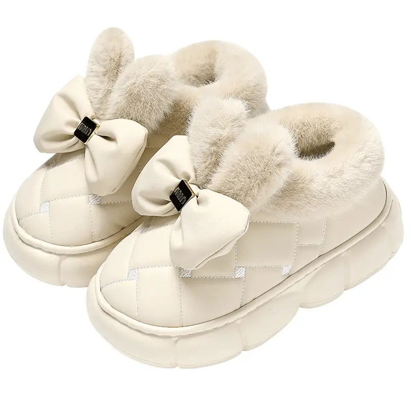 Bow cotton shoes snow boots Korean version bag with women's indoor and outdoor fleece-lined thick bottom non-slip warm slippers for lovers winter - Image 9