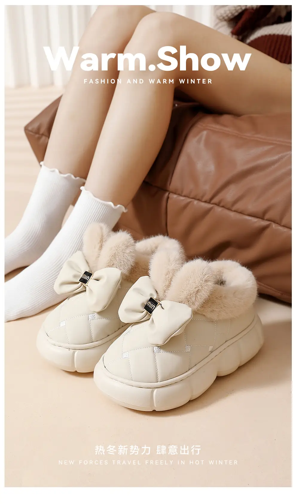 Bow cotton shoes snow boots Korean version bag with women's indoor and outdoor fleece-lined thick bottom non-slip warm slippers for lovers winter — feature 1