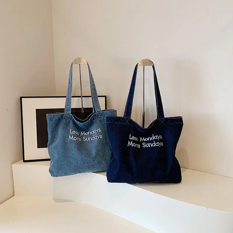 Insulated Embroidered Denim Tote Bags Blue - Image 3