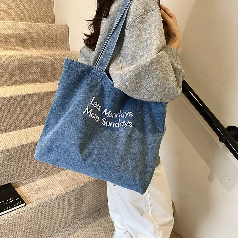 Insulated Embroidered Denim Tote Bags Blue - Image 4