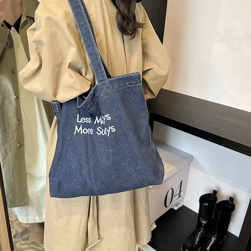 Insulated Embroidered Denim Tote Bags Blue - Image 5