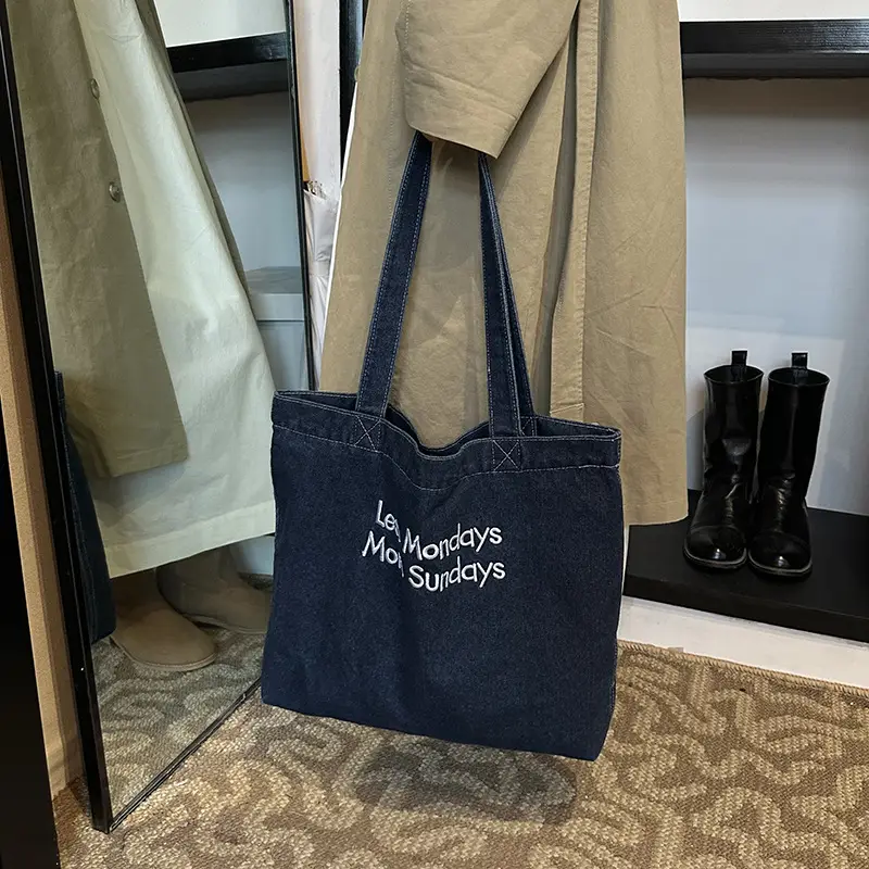 Insulated Embroidered Denim Tote Bags Blue - Image 6
