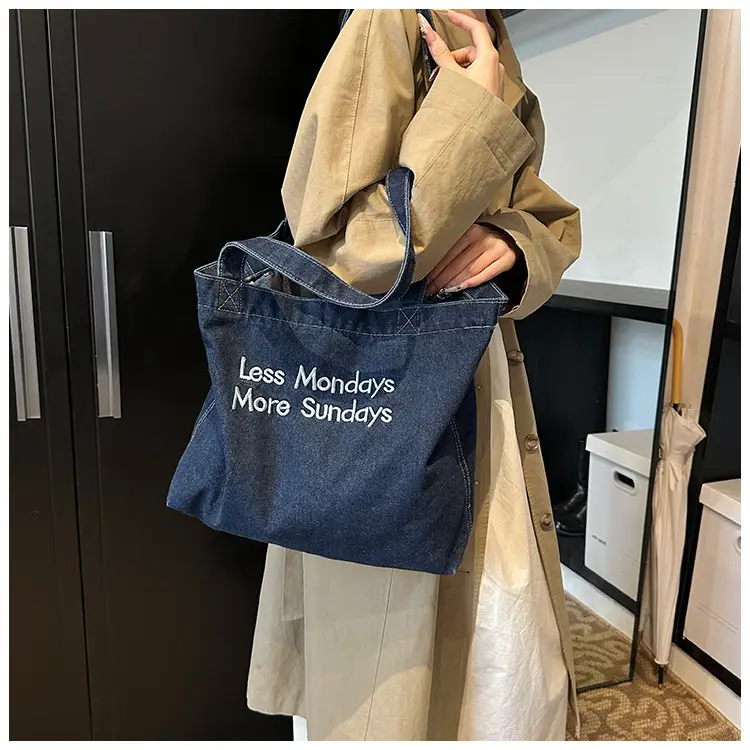 Insulated Embroidered Denim Tote Bags Blue — feature 10