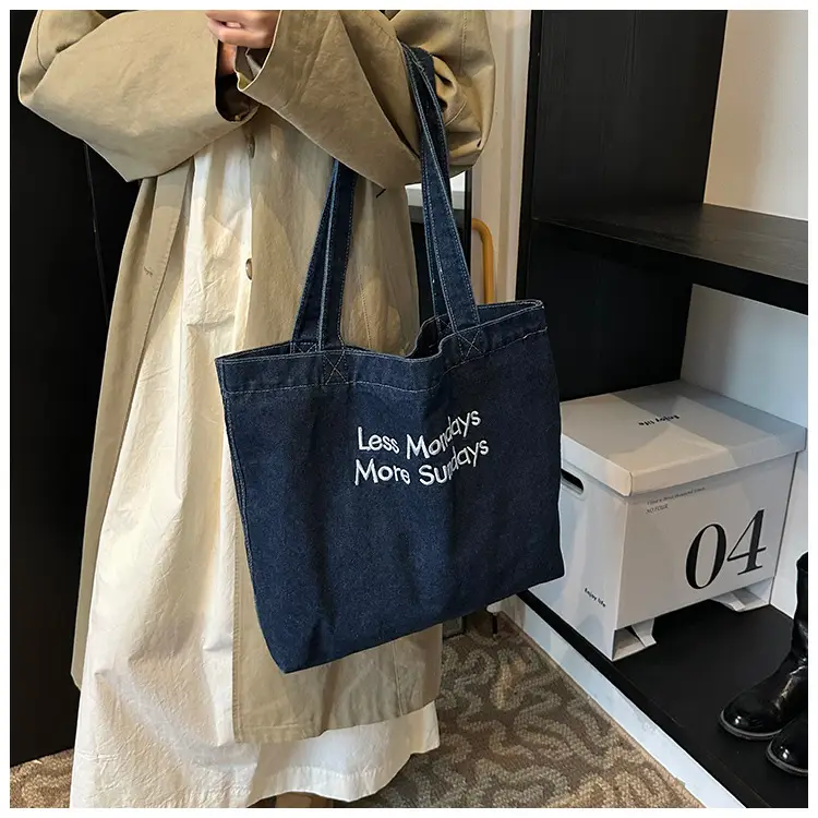 Insulated Embroidered Denim Tote Bags Blue — feature 11