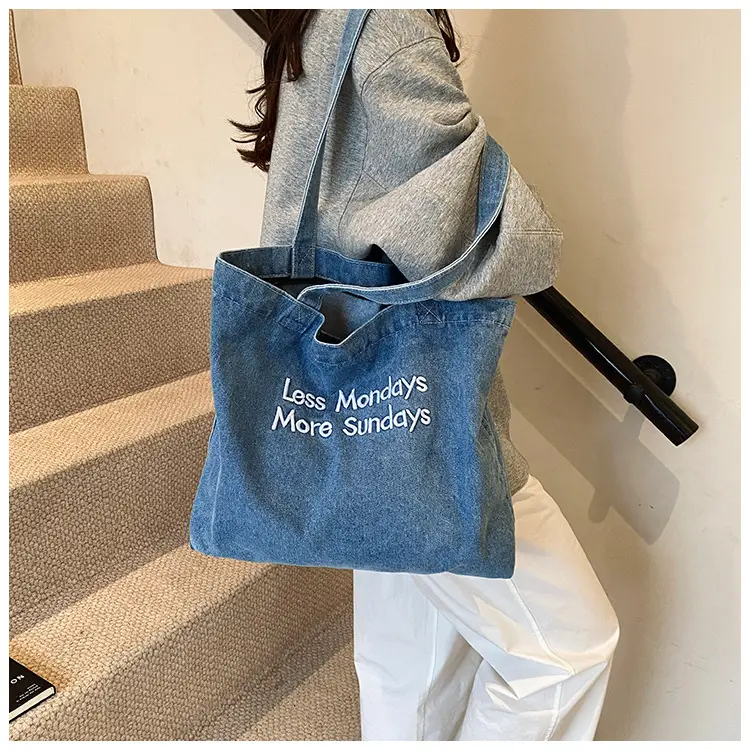 Insulated Embroidered Denim Tote Bags Blue — feature 13