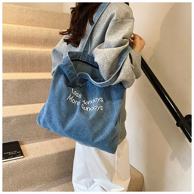 Insulated Embroidered Denim Tote Bags Blue — feature 14