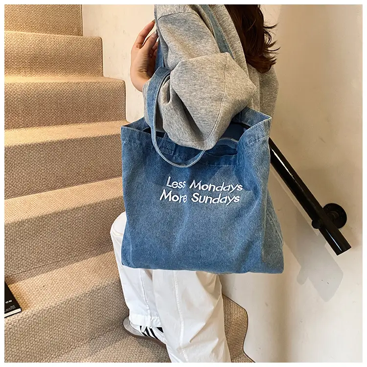 Insulated Embroidered Denim Tote Bags Blue — feature 15