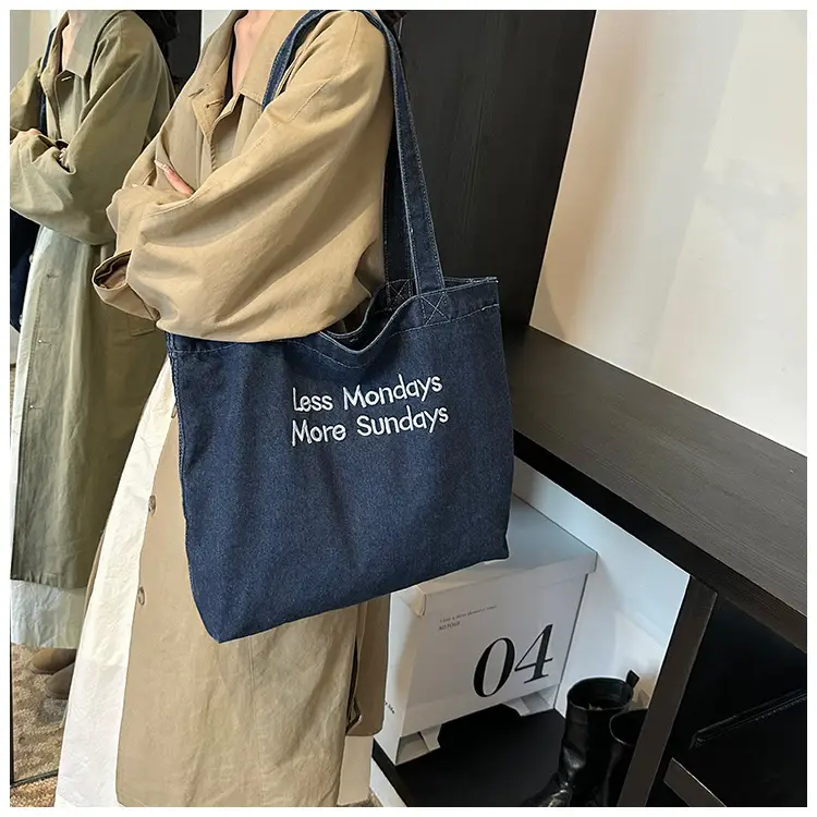 Insulated Embroidered Denim Tote Bags Blue — feature 7