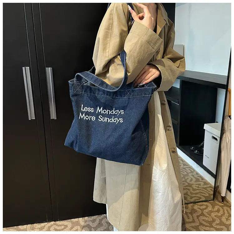 Insulated Embroidered Denim Tote Bags Blue — feature 9