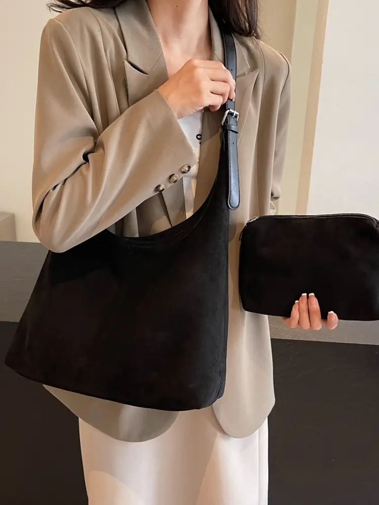 2025 Velvet Shoulder Bag Large Capacity Textured Commuter Tote - Image 8