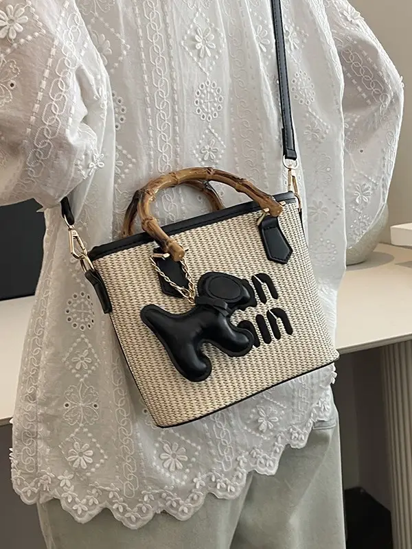Women's Woven Handbag with Cat Design 2024 - Image 3