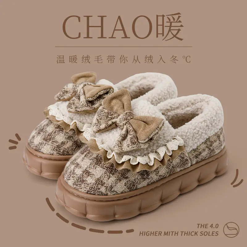 Bow Cotton Slippers Women's Winter 2024 New Indoor Home Thick-soled fleece-lined Warm Heel Slippers for Winter - Image 5