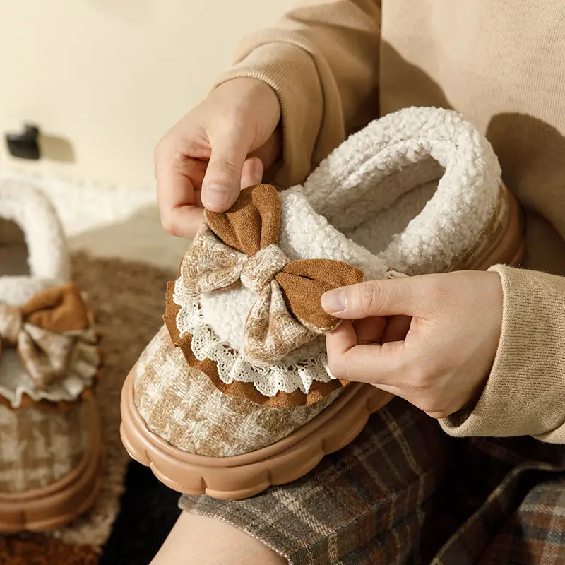 Bow Cotton Slippers Women's Winter 2024 New Indoor Home Thick-soled fleece-lined Warm Heel Slippers for Winter - Image 6