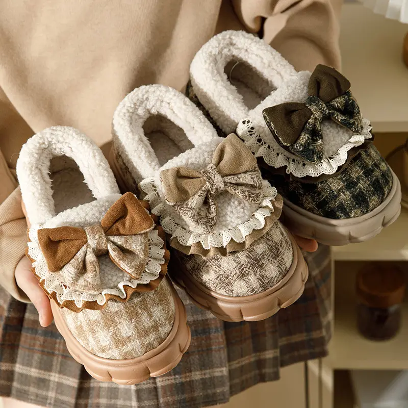 Bow Cotton Slippers Women's Winter 2024 New Indoor Home Thick-soled fleece-lined Warm Heel Slippers for Winter - Image 7
