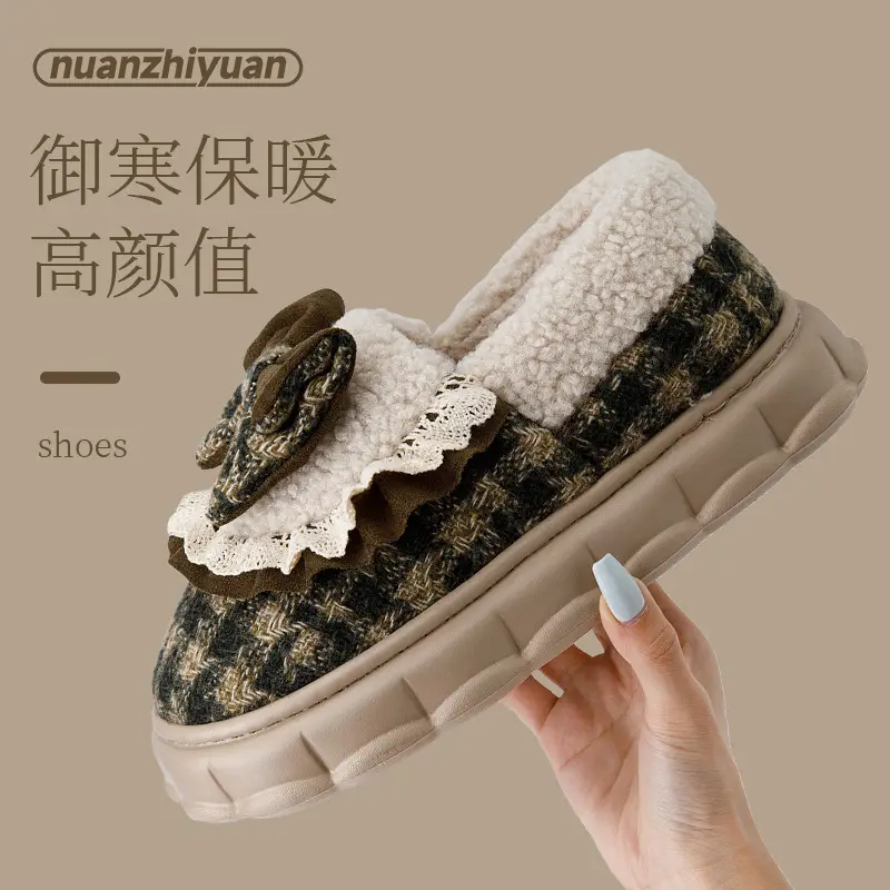 Bow Cotton Slippers Women's Winter 2024 New Indoor Home Thick-soled fleece-lined Warm Heel Slippers for Winter - Image 8
