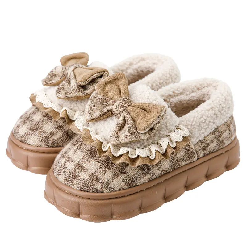 Bow Cotton Slippers Women's Winter 2024 New Indoor Home Thick-soled fleece-lined Warm Heel Slippers for Winter - Image 9