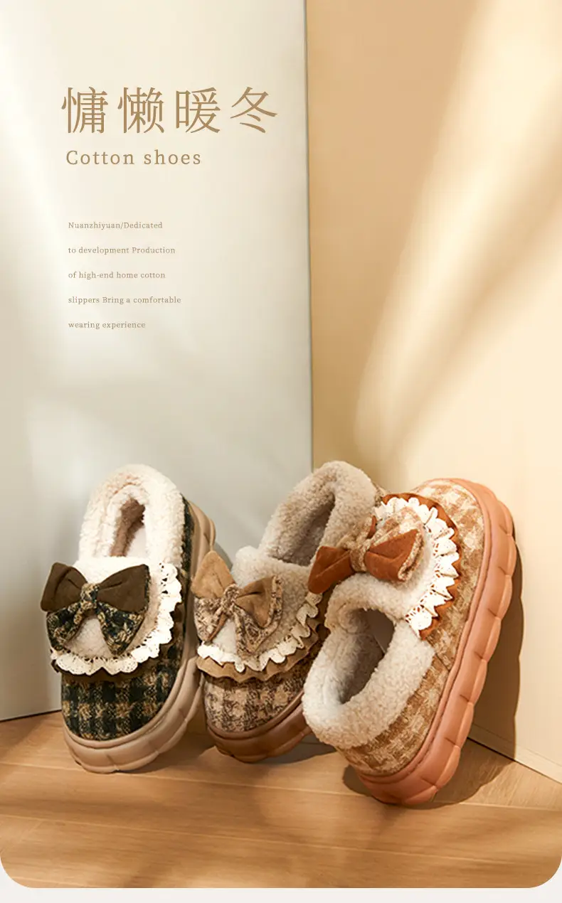 Bow Cotton Slippers Women's Winter 2024 New Indoor Home Thick-soled fleece-lined Warm Heel Slippers for Winter — feature 1