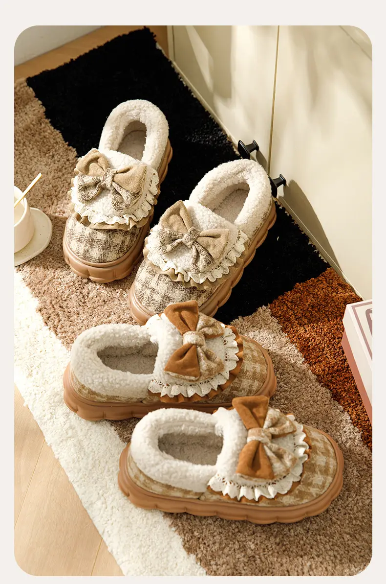 Bow Cotton Slippers Women's Winter 2024 New Indoor Home Thick-soled fleece-lined Warm Heel Slippers for Winter — feature 13