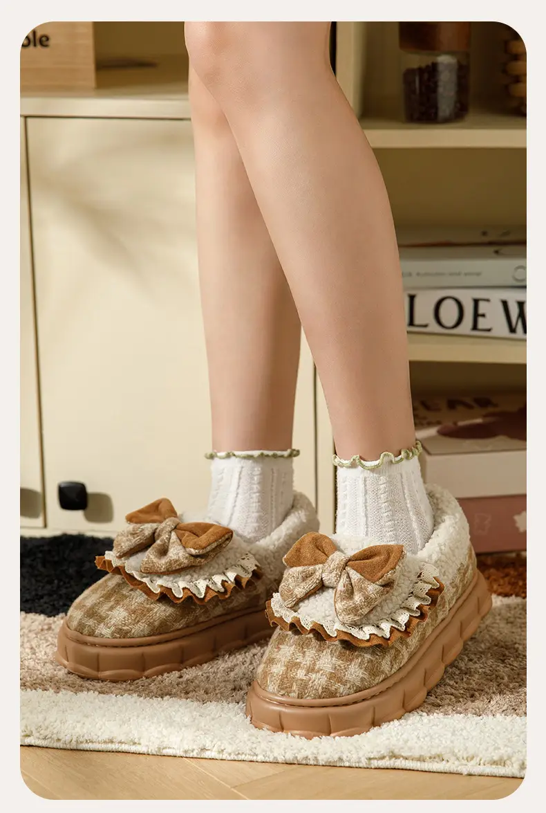 Bow Cotton Slippers Women's Winter 2024 New Indoor Home Thick-soled fleece-lined Warm Heel Slippers for Winter — feature 14