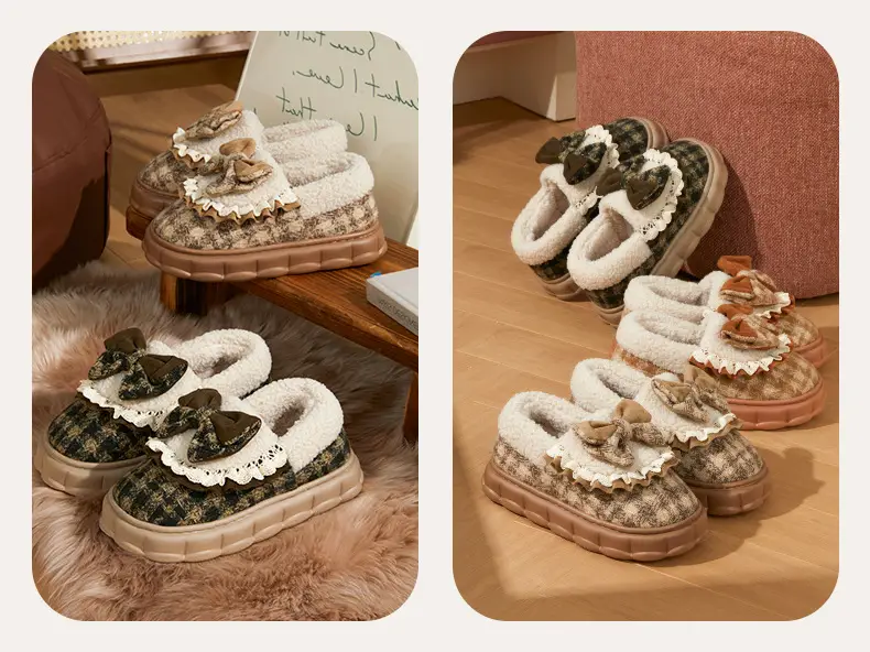 Bow Cotton Slippers Women's Winter 2024 New Indoor Home Thick-soled fleece-lined Warm Heel Slippers for Winter — feature 15