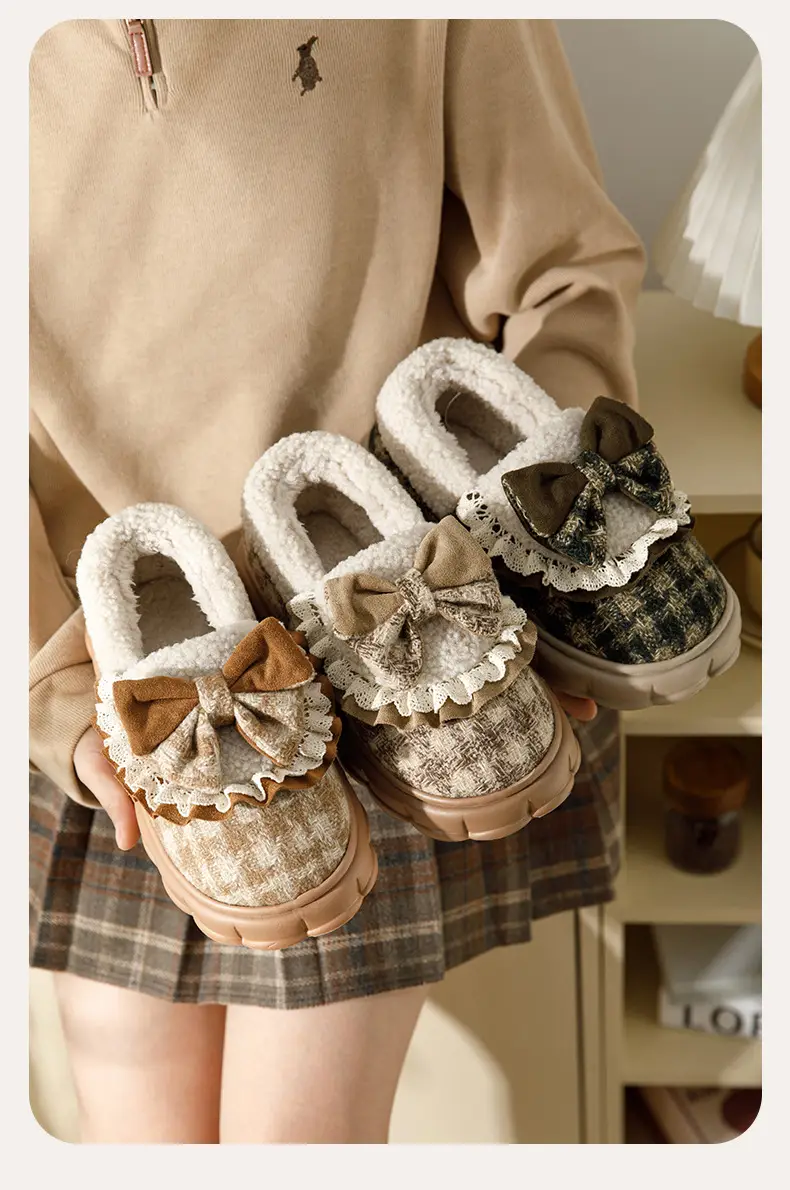 Bow Cotton Slippers Women's Winter 2024 New Indoor Home Thick-soled fleece-lined Warm Heel Slippers for Winter — feature 16