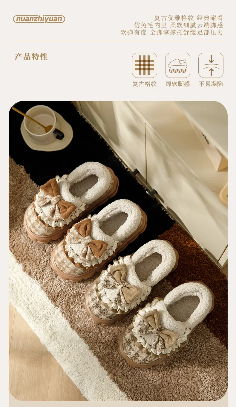 Bow Cotton Slippers Women's Winter 2024 New Indoor Home Thick-soled fleece-lined Warm Heel Slippers for Winter — feature 2