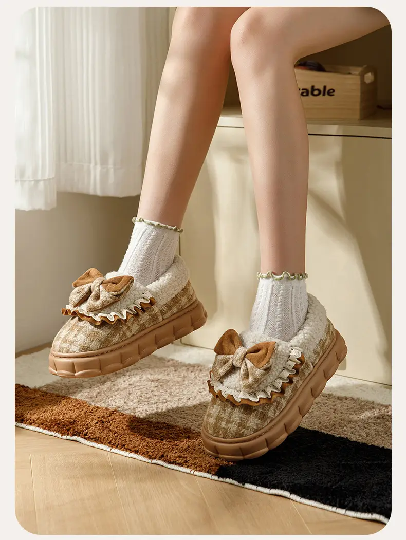 Bow Cotton Slippers Women's Winter 2024 New Indoor Home Thick-soled fleece-lined Warm Heel Slippers for Winter — feature 4