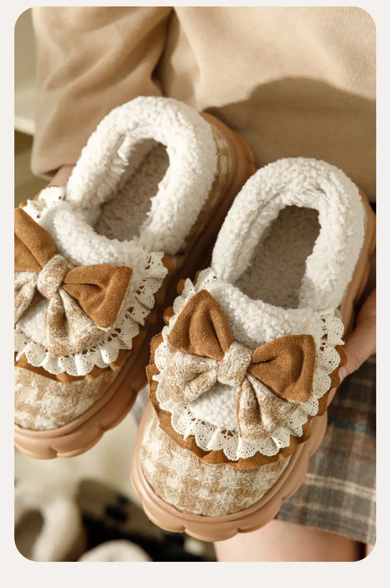 Bow Cotton Slippers Women's Winter 2024 New Indoor Home Thick-soled fleece-lined Warm Heel Slippers for Winter — feature 6
