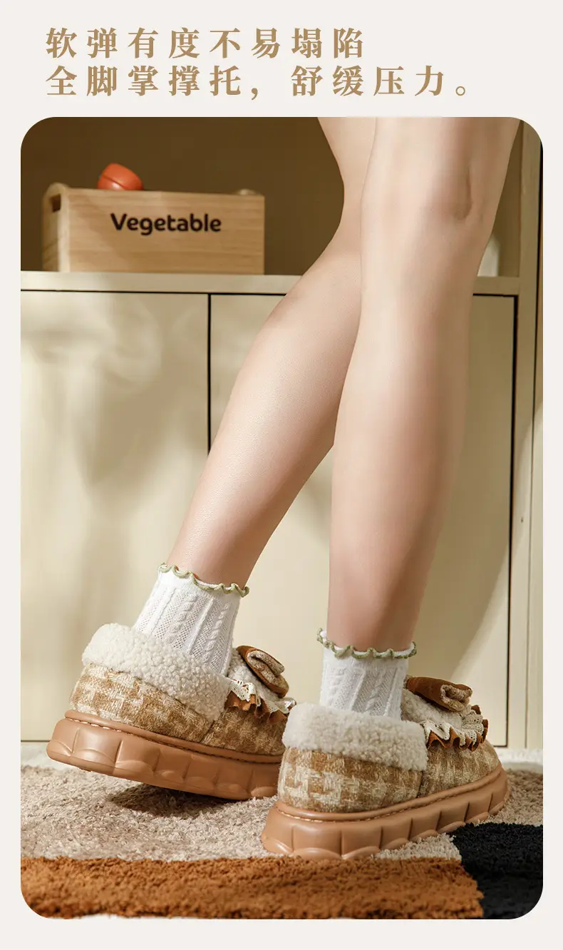 Bow Cotton Slippers Women's Winter 2024 New Indoor Home Thick-soled fleece-lined Warm Heel Slippers for Winter — feature 7