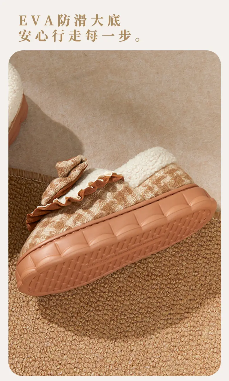 Bow Cotton Slippers Women's Winter 2024 New Indoor Home Thick-soled fleece-lined Warm Heel Slippers for Winter — feature 8