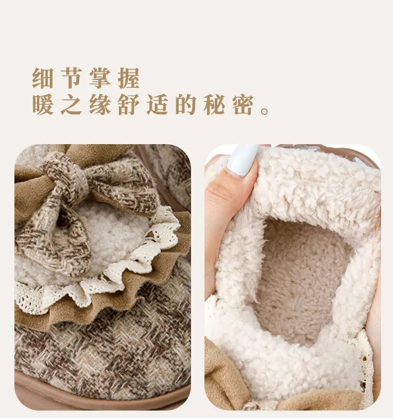 Bow Cotton Slippers Women's Winter 2024 New Indoor Home Thick-soled fleece-lined Warm Heel Slippers for Winter — feature 9