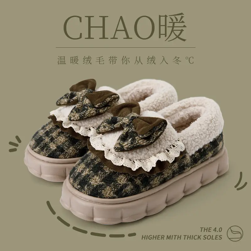 Bow Cotton Slippers Women's Winter 2024 New Indoor Home Thick-soled fleece-lined Warm Heel Slippers for Winter - Image 2