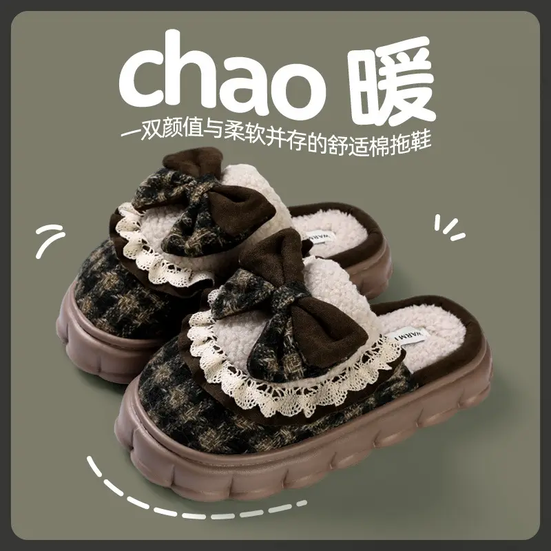 Bow Cotton Slippers Women's Winter 2024 New Indoor Home Thick-soled fleece-lined Warm Heel Slippers for Winter - Image 3